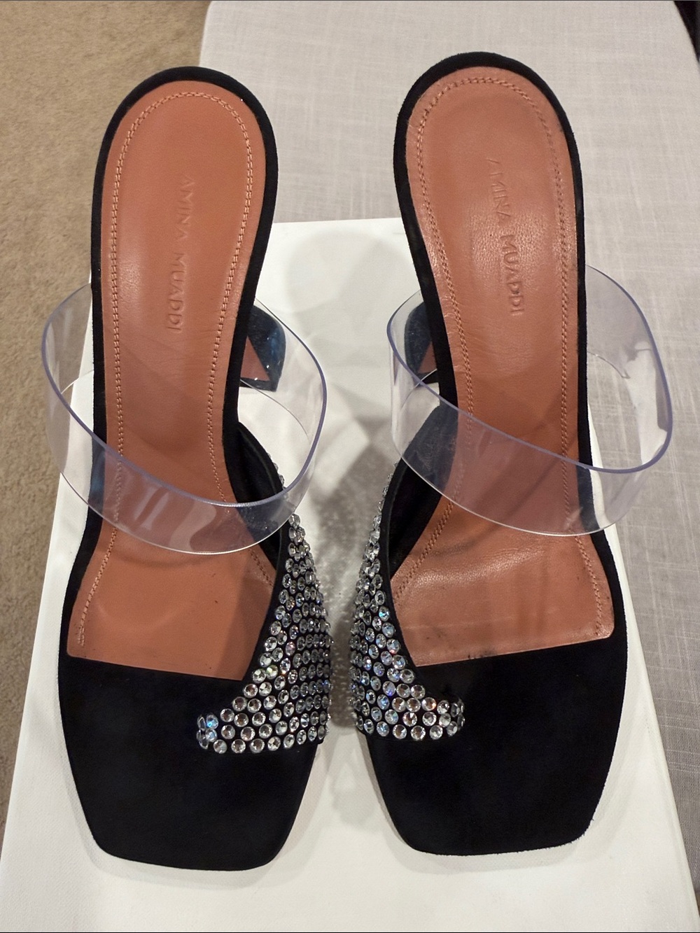 Amina Muaddi Paloma Crystal PVC Sandals Black Suede Rhinestone Heels EU 38
